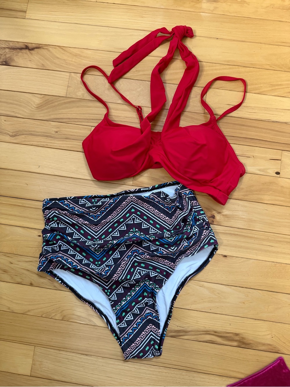 Amazon Red Bikini Top with Patterned High-Waist Bottom